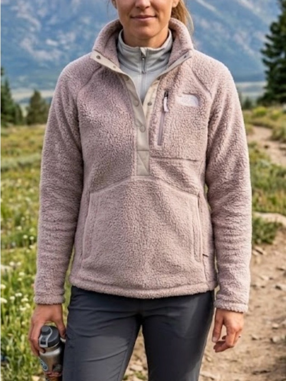 Patagonia fleece pullover snap front beige mock neck pockets women’s small